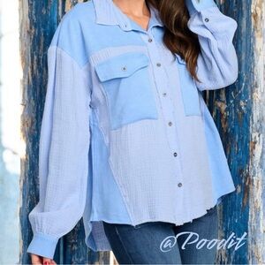 FANTASTIC FAWN oversized washed out light blue button front top Sz S M L